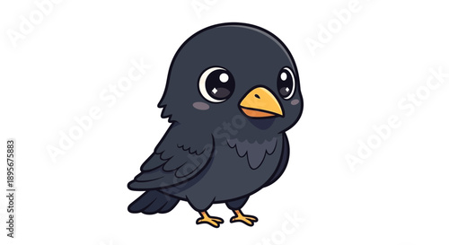 Cute cartoon crow, kawaii bird, isolated on white background, illustration