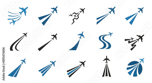Airplane trail icons set. Flight travel logo.