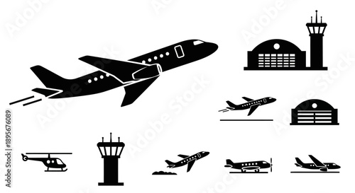 Airport Icons Set: Airplane, Control Tower, Helicopter