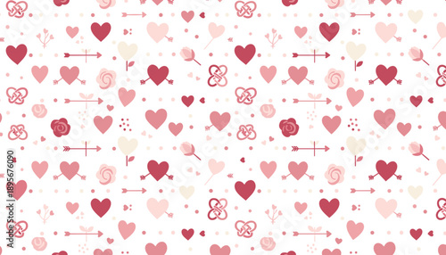 Seamless pattern of pink and red hearts Cupid arrows and flowers for romantic backgrounds or textiles