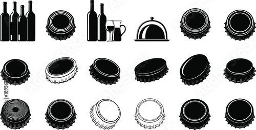 Catering and Beverage Service Silhouette Collection, Beer Bottle Cap Mockup Set, Wine Bottle and Glass Icons, CAD Drawing Flat Vector Illustration Vector