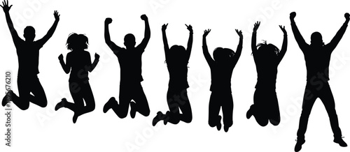 Jumping people silhouette group with raised arms celebrating success, freedom, and happiness, energetic human figures for victory, teamwork, motivation, and lifestyle design concepts
