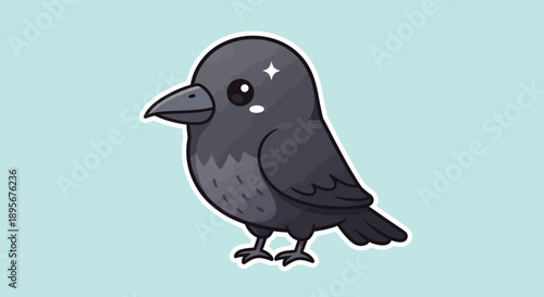 Cute cartoon crow bird with sparkly eyes on light blue background
