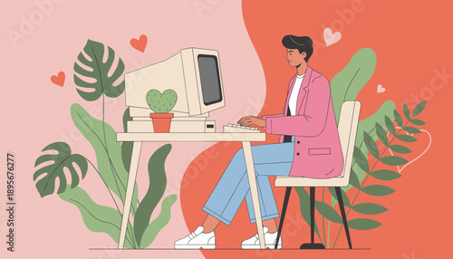 Stylish person working remotely on vintage PC surrounded by plants and hearts