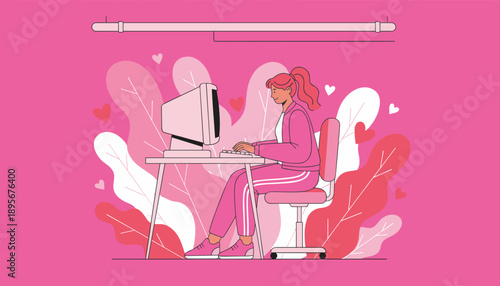 Happy woman working remotely on retro PC Pink aesthetic cozy home office vector illustration