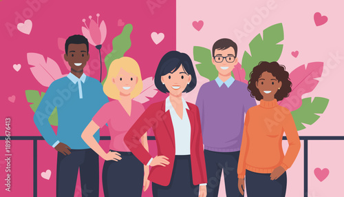 Diverse team illustration with hearts and florals Happy colleagues representing partnership love and community