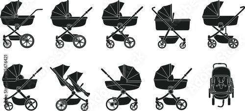 Collection of Baby Stroller Silhouette Vector Illustration Set, Different Modern Pram and Carriage Models for Newborn Infant Child Care and Parenting Graphic Design,