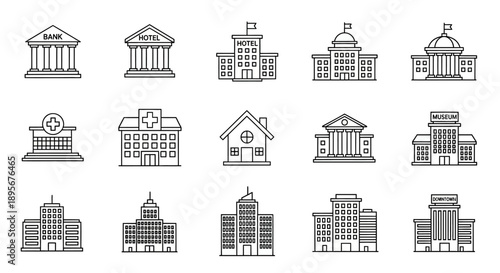 Buildings architecture line icons set