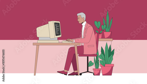 Man using vintage computer in stylish pink office focused on work
