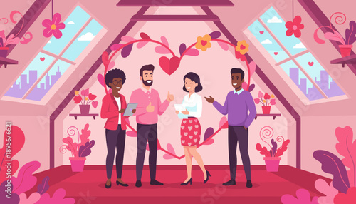 Collaboration and romance Diverse team in a pink heartthemed loft office