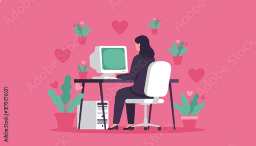 Woman working on a vintage computer surrounded by heart plants symbolizing online dating or romantic tech