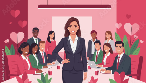 Confident female leader fronts diverse team in a positive pinkthemed corporate meeting
