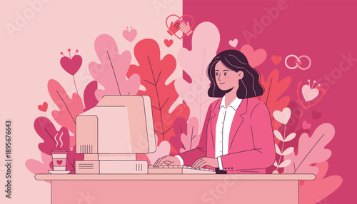 Smiling woman uses a retro PC surrounded by pink hearts illustrating digital love support or dating