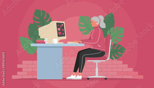 Senior woman exploring online dating on a vintage computer embracing technology and love