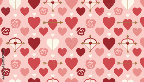 Romantic seamless pattern featuring hearts roses and Cupid symbols in shades of red and pink