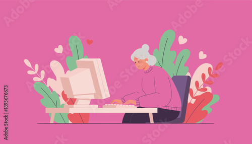 Elderly woman looks distressed while using an old desktop computer surrounded by hearts and plants