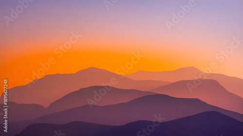 Layered mountain silhouettes against a vibrant orange and purple gradient sunset sky