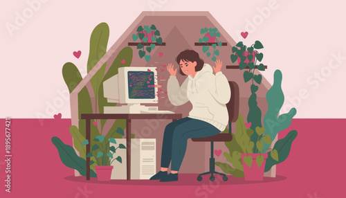 Frustrated woman dealing with digital romance spam and coding errors on a retro computer