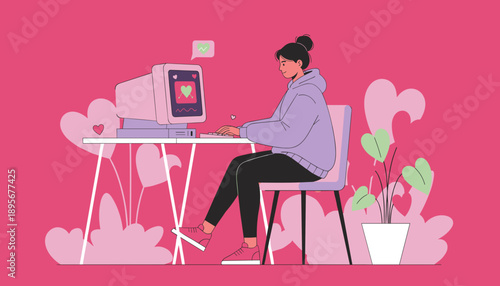 Illustrated woman finding virtual love on a retro desktop computer dating app concept