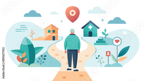 A person stands at a crossroads, symbolizing decision-making and new beginnings in a vibrant and uplifting flat vector illustration.