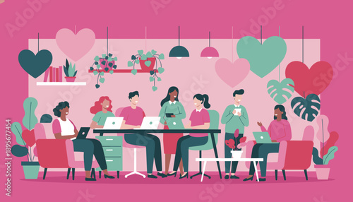 Colleagues collaborating in a cheerful modern office decorated with hearts and plants Creative teamwork concept