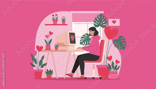 Woman uses old PC in a pink room decorated with hearts Valentines Day romance and technology