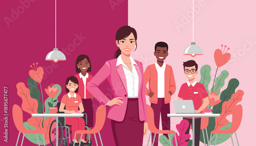 Confident female leader with diverse staff working in a vibrant inclusive office Teamwork and equality