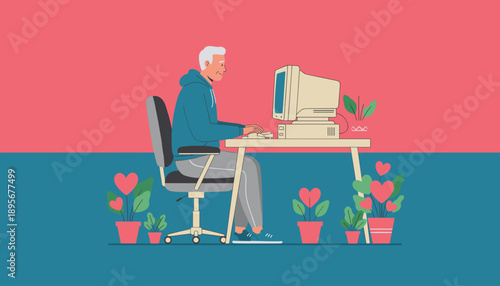 Senior man uses a retro computer for remote work or hobby at home surrounded by cheerful heart plants