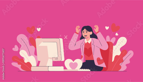 Frustrated woman throws hands up at computer error stressed by digital rejection or failed online communication