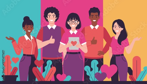 Diverse team illustration showing happiness thumbs up and digital community support