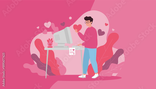 Man sending digital love online via computer holding a heart in a pink romantic illustration