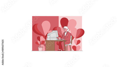 Senior woman working on a retro computer surrounded by pink hearts representing online dating or customer love