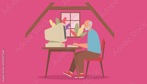 Senior man using a vintage desktop computer in a colorful attic room Retro technology and digital learning
