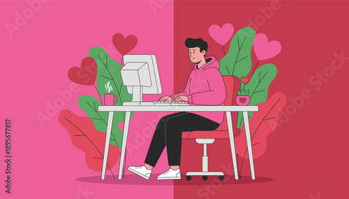 Man working on computer with lovethemed decorations Remote work Valentines Day or romantic messaging