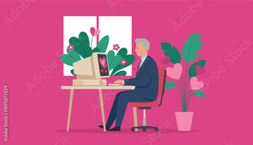 Older businessman finds love online using a vintage computer illustrating digital dating and retro tech