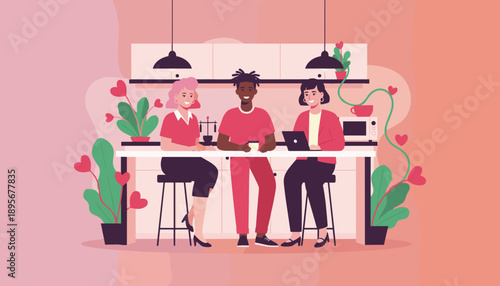 Diverse friends or colleagues socializing over coffee in a modern kitchen Teamwork and support concept