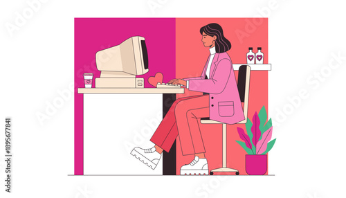 Stylish woman working on a retro CRT computer in a vibrant modern office setting