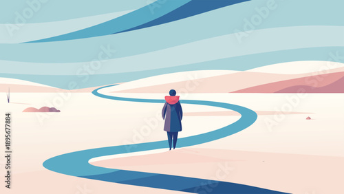 A tiny person stands alone on a winding path in a vast, serene landscape, evoking feelings of solitude and contemplation.