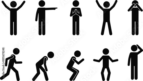 Set of human pictogram silhouettes showing various body gestures and actions, simple black stick figure icons for communication, instruction, and signage design