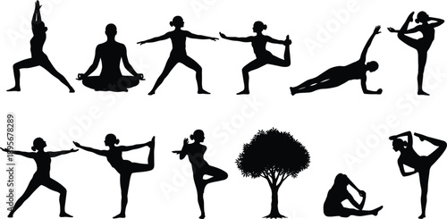 Yoga Pose Silhouettes Collection Featuring Meditation, Balance and Flexibility Exercises with Tree Symbol in Minimal Black Vector Style