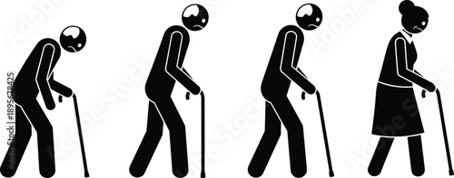 Elderly People Stick Figure Icons Showing Senior Men and Women Walking with Canes in Black Silhouette Pictogram Style