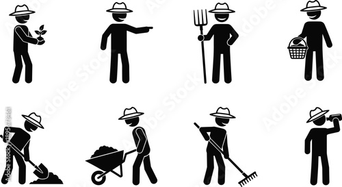 Farmer and Gardening Worker Pictogram Icons Showing Agricultural Activities and Tools in Minimal Black Silhouette Vector Style
