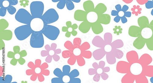 A colorful, repeating pattern of stylized flowers on a white background.