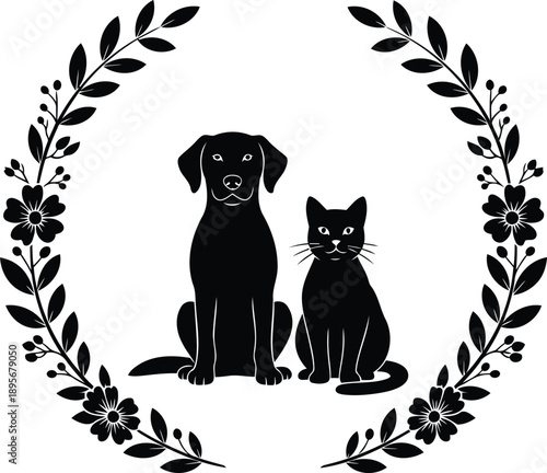 Pet animal silhouettes with a beautiful botanical wreath