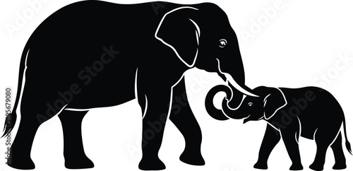 Caring adult elephant and calf loving bond illustration