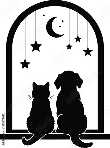 Pets on window sill, gazing at night sky with moon and stars