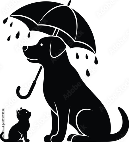 Caring dog protects small kitten from rain with an umbrella