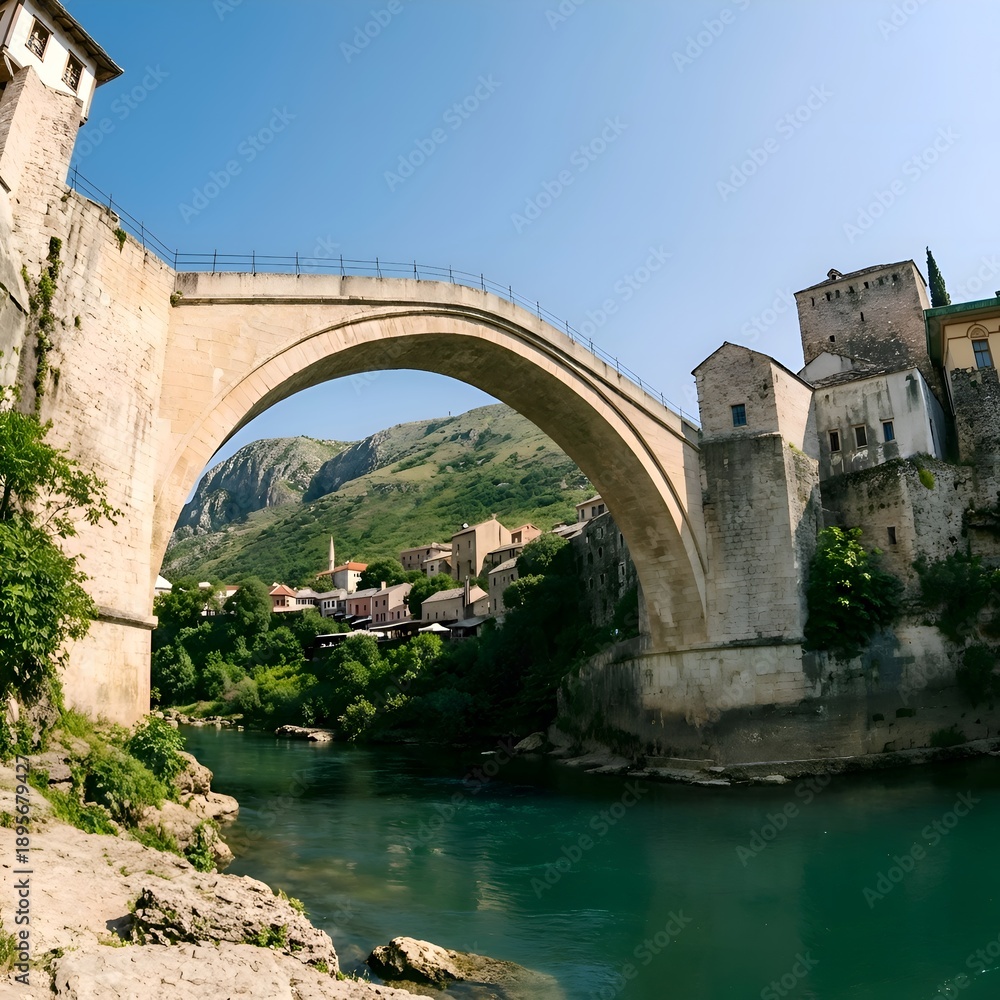 Obraz premium Historic Stone Arch Bridge over a Scenic River Valley