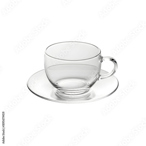 A clear glass teacup isolated on transparent background with saucer