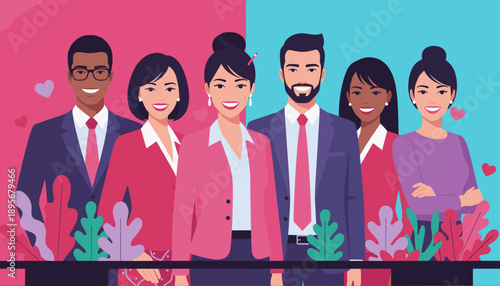 Diverse happy business team portrait vector symbolizing inclusion collaboration and professional success